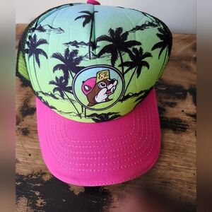 Buccees Pink and Green Trucker Hat with Palm Tree Design